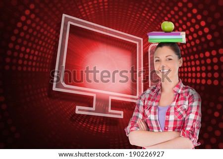 Composite image of computer and student against red pixel spiral