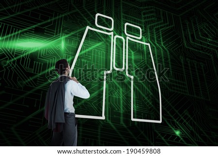 Composite image of binoculars and businessman looking against green and black circuit board