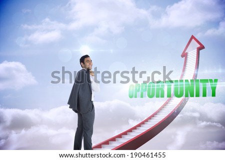 The word opportunity and smiling businessman standing against red stairs arrow pointing up against sky