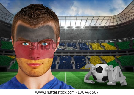 Composite image of serious young german fan with face paint against large football stadium