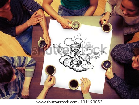 Composite image of hourglass doodle on page with people sitting around table drinking coffee