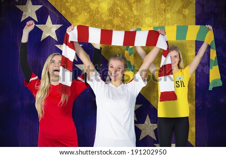 Composite image of various football fans cheering against bosnia flag in grunge effect