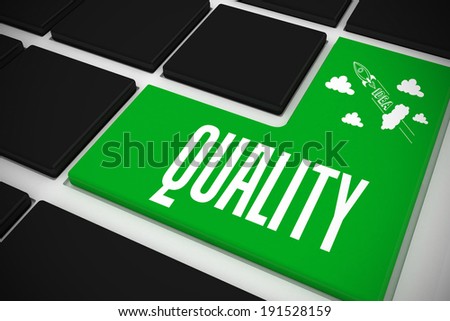 The word quality and idea and innovation graphic on black keyboard with green key