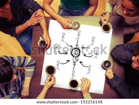 Composite image of first place doodle with stick figures on page with people sitting around table drinking coffee