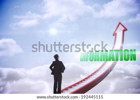 The word information and businesswoman with hands on hips against red stairs arrow pointing up against sky