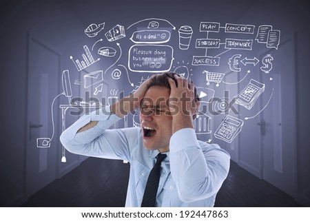 Stressed businessman with hands on head against bright hallway with several doors