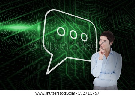 Composite image of speech bubble and thinking businesswoman against green and black circuit board