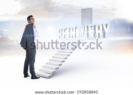 The word recovery and smiling businessman standing against white steps leading to closed door