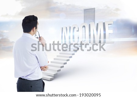 The word income and businessman holding glasses against white steps leading to closed door