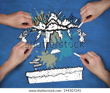 Composite image of multiple hands drawing money doodle with chalk against navy blue