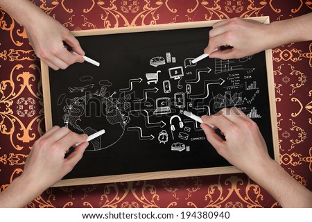 Composite image of multiple hands drawing brainstorm with chalk against blackboard