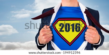 Composite image of businessman opening shirt in superhero style against bright sky