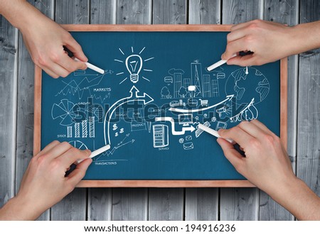 Composite image of multiple hands drawing brainstorm with chalk on wooden board