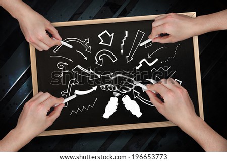 Composite image of multiple hands drawing arrows with chalk against blackboard