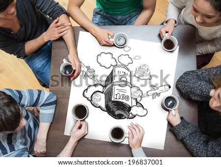 People sitting around table drinking coffee with page showing profit doodle