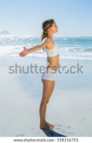 Gorgeous blonde standing with arms out by the sea on a sunny day