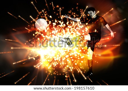 Football player in red kicking against bright firework design on black