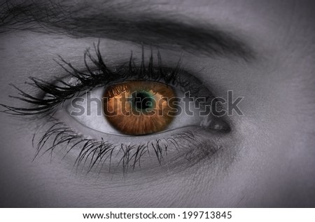 Orange eye on female face in grey