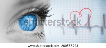 Blue eye on grey face against medical background with red ecg line