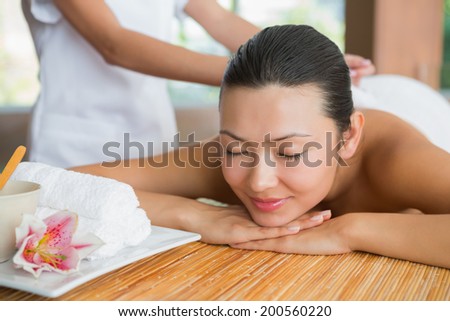 Smiling brunette getting a massage at the health spa