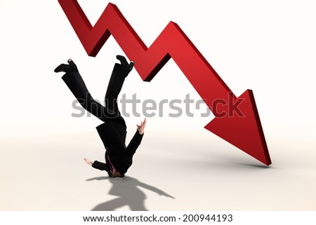 Businesswoman burying her head against red arrow pointing down