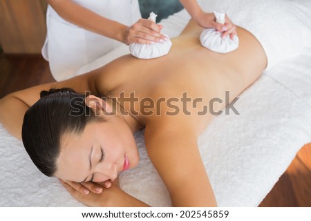 Content brunette getting a herbal compress massage at the health spa