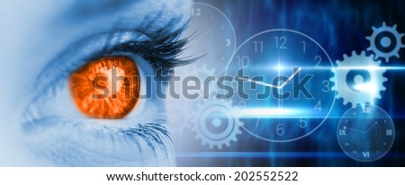 Orange eye on blue face against blue technology design with clock