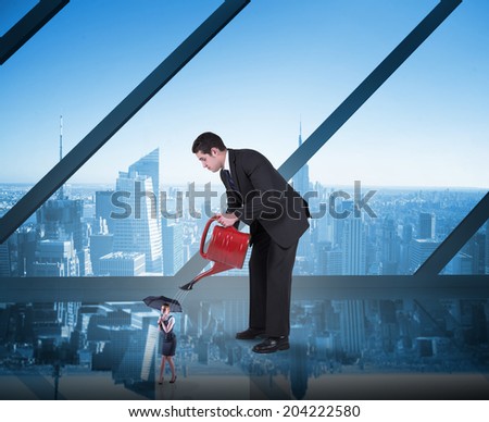 Businessman watering tiny businesswoman against room with large window looking on city