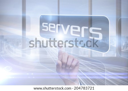 Businessman pointing to word servers against abstract white line design in room