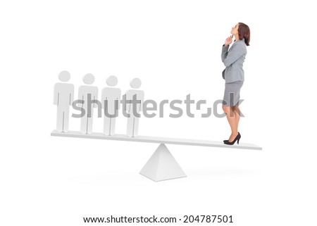 Scales weighing businesswoman and stick men on white background