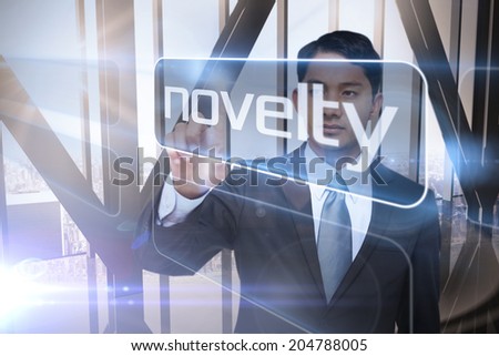 Businessman presenting the word novelty against room with large window looking on city