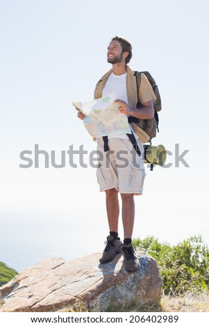 Handsome hiker holding map at mountain summit on a sunny day