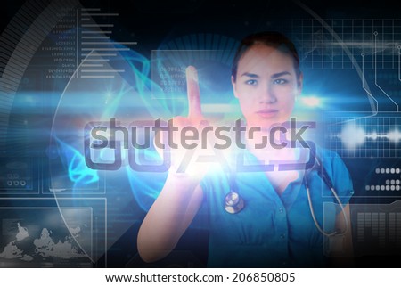Doctor pointing to the word goals against glowing swirl on black background