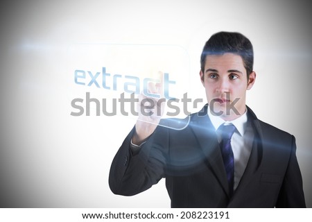 Businessman pointing to word extract against white background with vignette