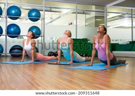 Yoga class in cobra pose in fitness studio at the leisure center