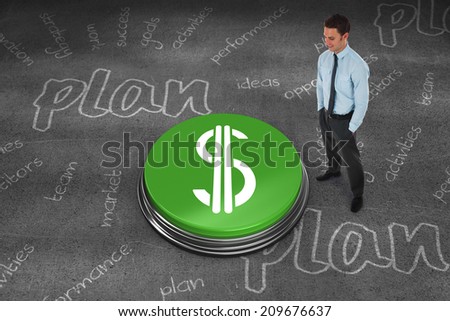 Composite image of happy businessman standing with hands in pockets against black wall