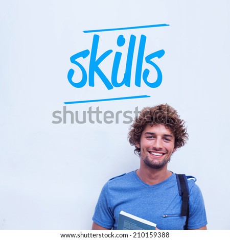 The word skills against happy student holding book