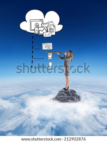 Businesswoman looking through a telescope against mountain peak through the clouds