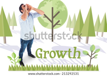 The word growth and shouting casual man standing against forest with earth tree