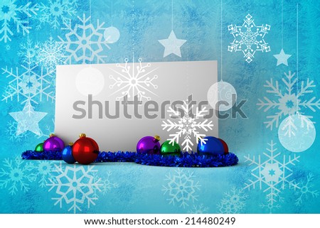 Composite image of poster with baubles against blue snow flake pattern design