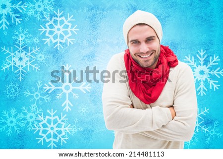 Handsome hipster against blue snow flake pattern design