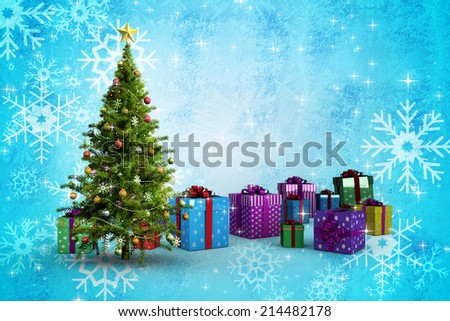Composite image of christmas tree and presents against blue snow flake pattern design