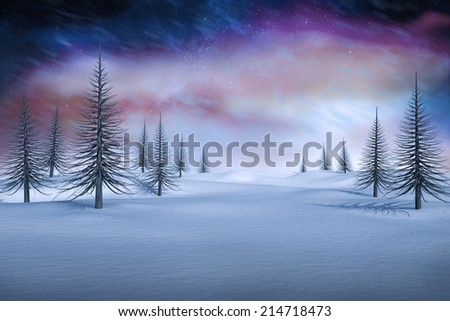 White snowy landscape with dead trees against aurora night sky in purple