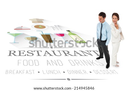 Happy businessman standing with hands in pockets against restaurant advertisement