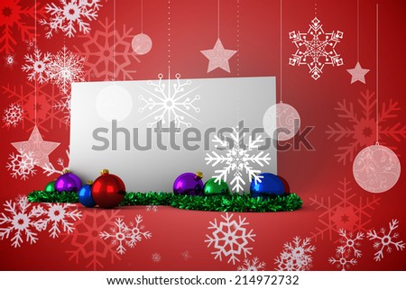 Composite image of poster with baubles against red snow flake pattern design