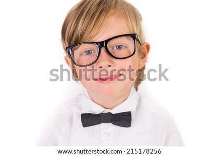 Student wearing glasses and bow tie on white background