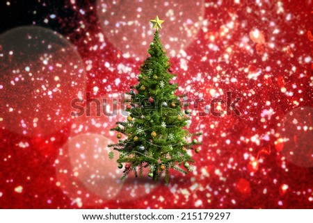 Christmas tree on white background against white snow and stars on red