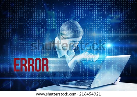 The word error and redhead businesswoman using her laptop against blue technology interface with binary code
