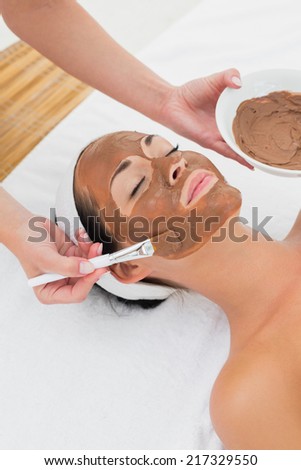 Smiling brunette getting a mud treatment facial in the health spa