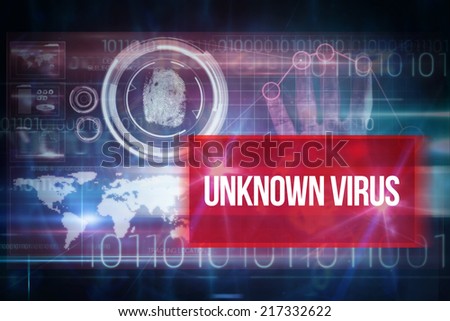 The word unknown virus and pink technology hand print interface design against blue technology design with binary code